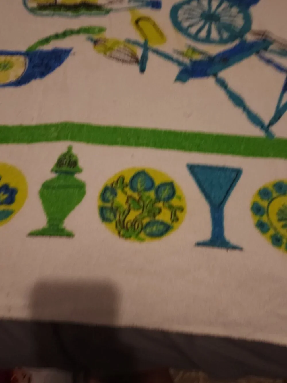 Vintage MCM Kitschy Kitchen Fabric Spice Vegetables Blue Green Brown Table Cloth